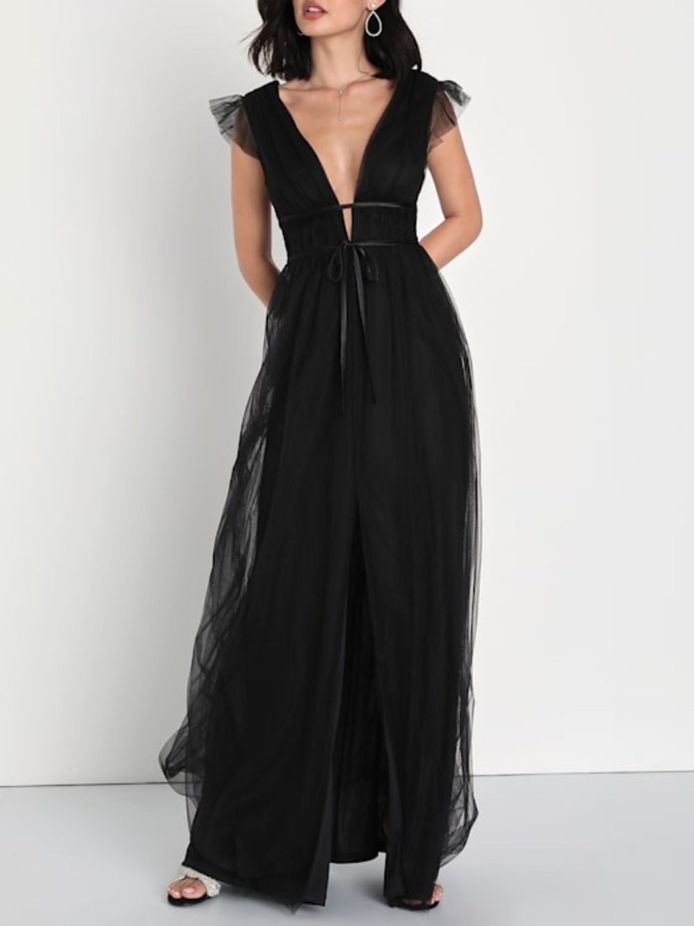 Lulus I'm All Yours Black Tulle Ruffled Maxi Dress - Size XS